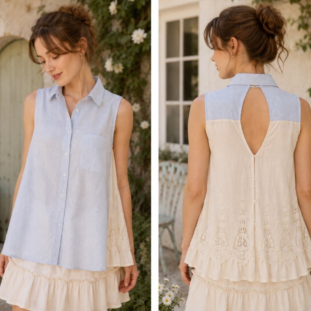 White Crow Sleeveless Button Front Soft Cream & Blue Embroidered Lace Cotton M